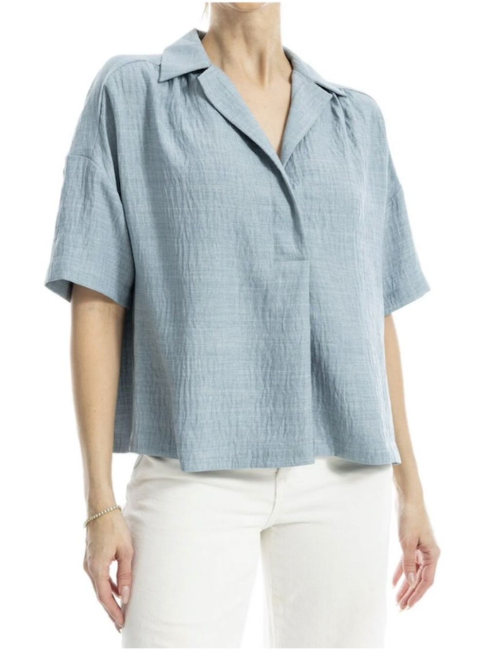 Max Studio London Women’s Blouse Short Sleeve Collared V-Neck Size L Blue